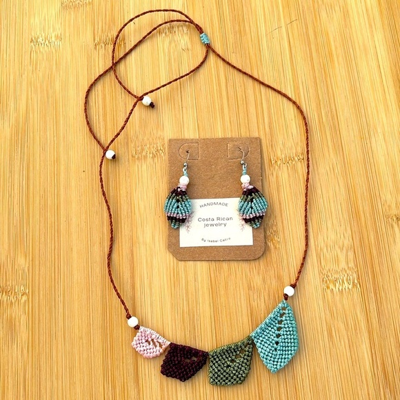 Brand New Handmade Costa Rican Adjustable Length Necklace & Earrings Set Colored - Picture 13 of 14